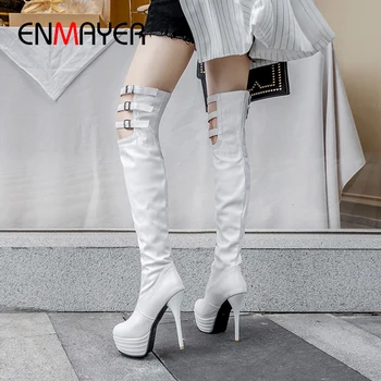 

ENMAYER Super High Thin Heels Over The Knee Boots Slip-On Round Toe PU Solid Short Plush Off White Shoes Brand Buckle Sneakers