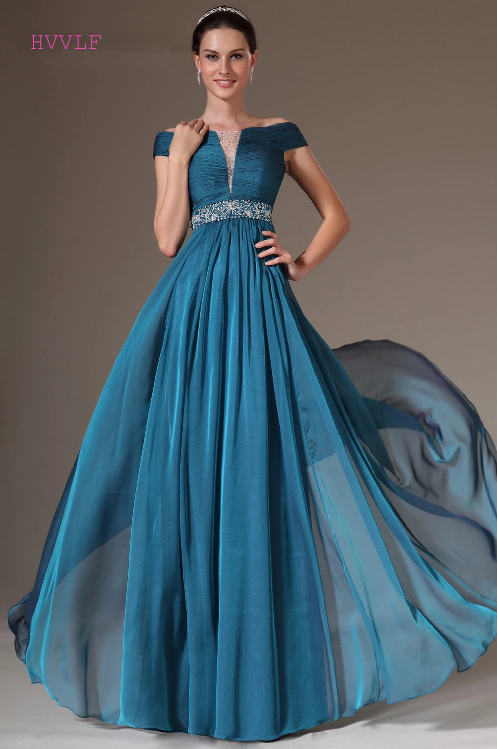 

Blue Evening Dresses 2019 A-line Cap Sleeves Chiffon Beaded Backless Plus Size Long Evening Gown Prom Dresses Robe De Soiree