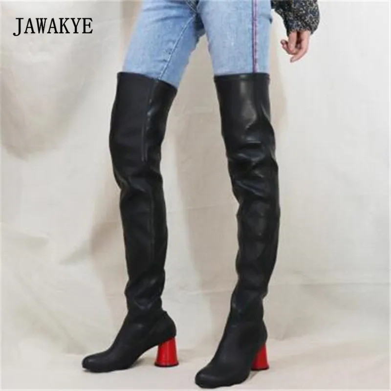 

2017 Red Cup Strange Heel Black Over The Knee Boots Women Round Toe High Heel Shoes Woman Knight boots Female Long Boots