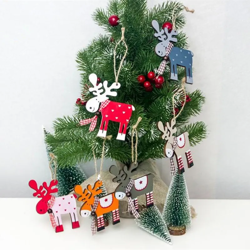 

2pcs Christmas Cartoon Deer Wooden Pendants Ornament Colorful Xmas Tree Ornament Wood Crafts for Home Christmas Party Decoration
