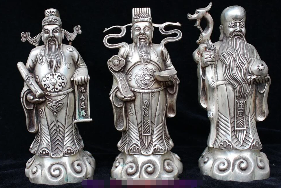 

Chinese Silver Fu Lu Shou 3 Mammon immortal Gods Set Dragon Ruyi Base Statue R0707 Discount 35%