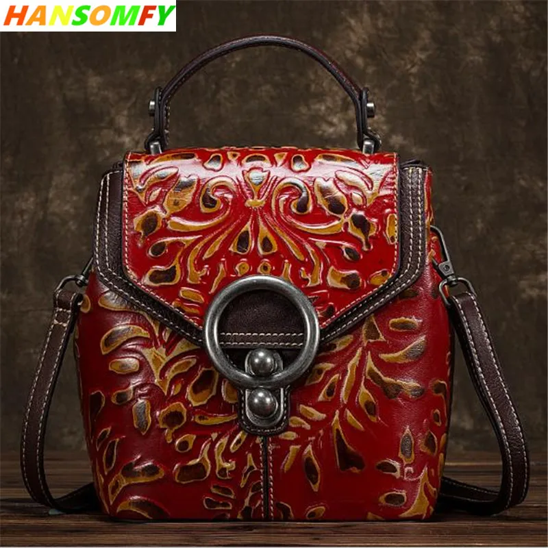 

2018 New women backpack Vintage craft fashion flowers shoulder bag embossed female cow leather backpacks