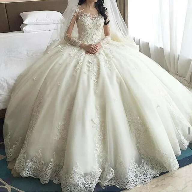 elegante 2016 vestidos de novia de encaje de manga larga de perlas