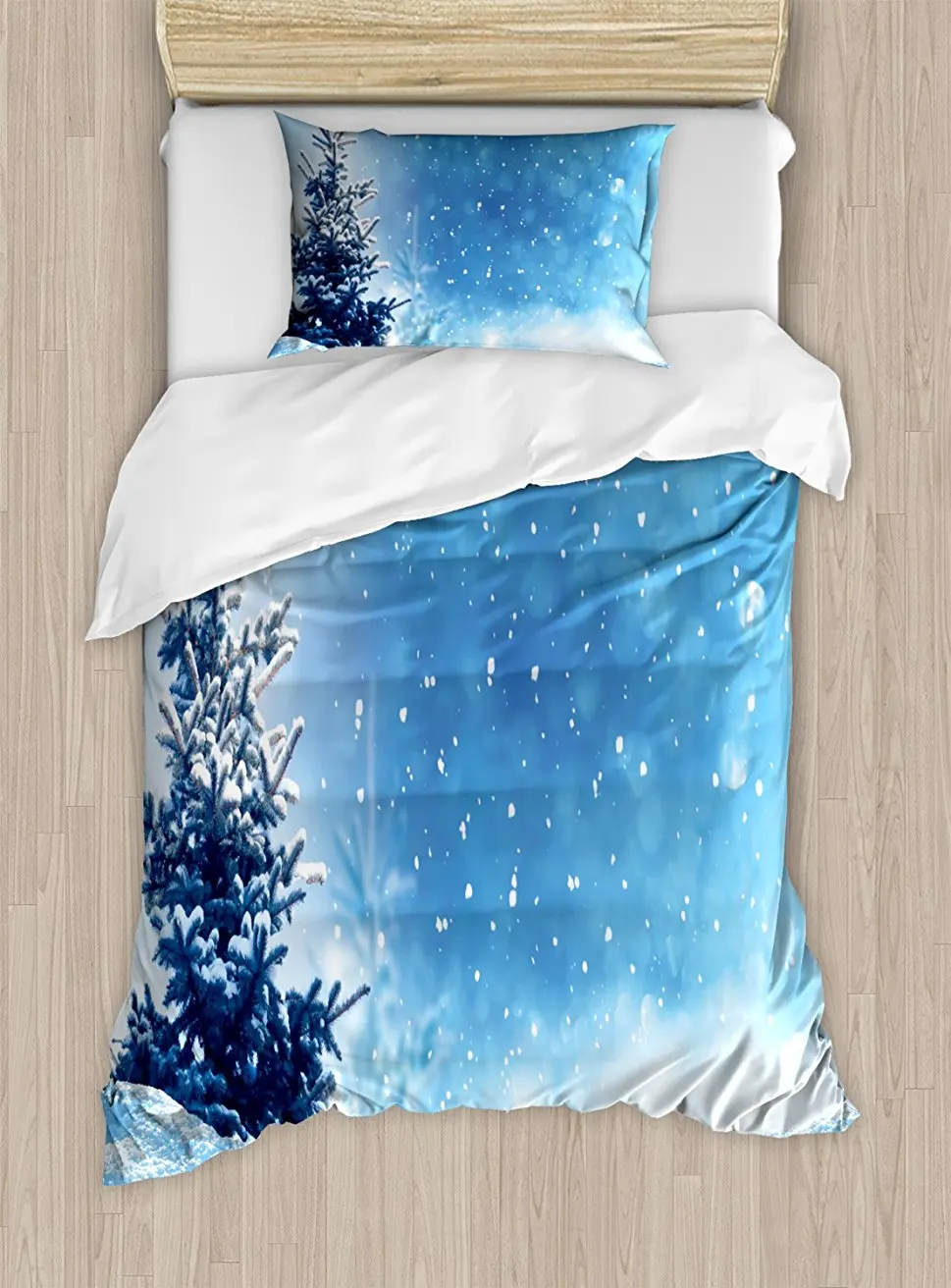 

Duvet Cover Set , Artistic Rendition of Snowy Season of Year Frozen Pine Tree Snowflakes Falling Down, 4 Piece Bedding Set