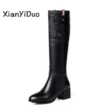 XianYiDuo/ г. зимняя женская обувь из натуральной кожи короткие плюшевые сапоги до колена на среднем каблуке, большие размеры 32-43, черный/1782-1