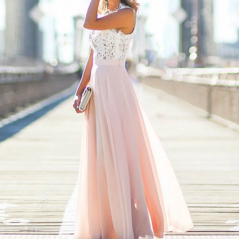 

Newly Summer Women Casual Dress Chiffon Sleeveless Lace Patchwork Evening Party Lady Long Dresses VK-ING