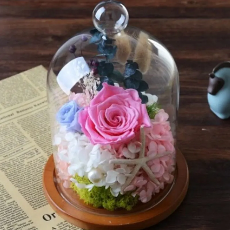 

1x Glass Display Cloche Bell Flower Jar Dome Immortal Preservation with Wooden Base Wedding Party Decoration Birthday Gift