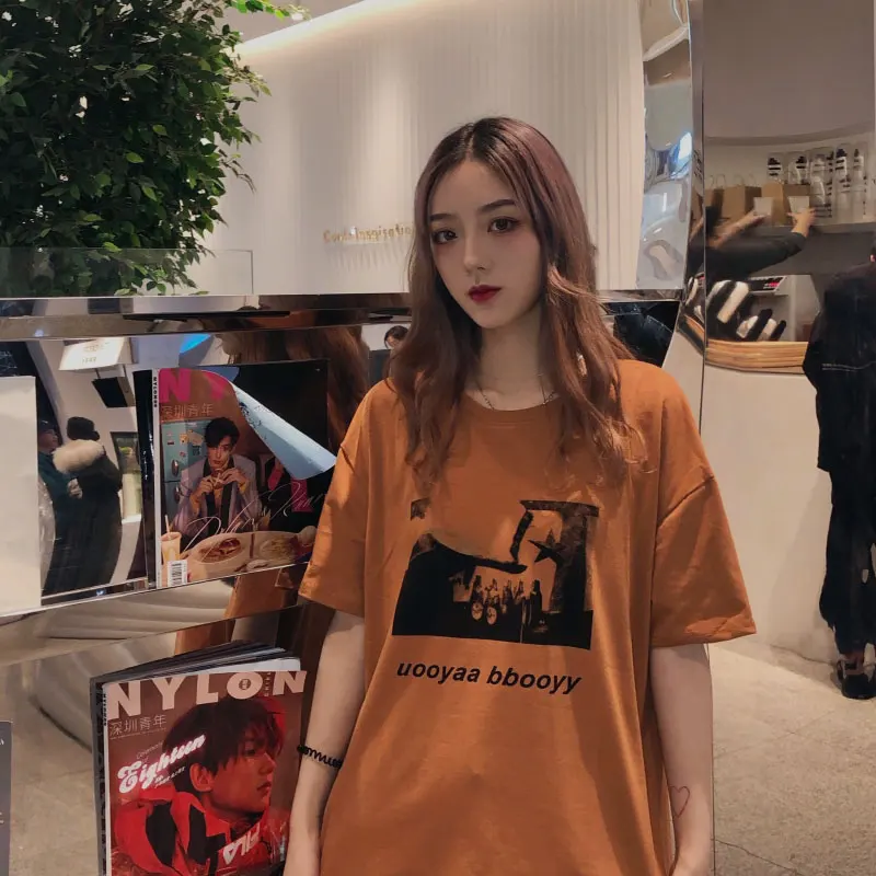 Консервативный стиль с буквенным принтом короткий рукав круглым вырезом Женская