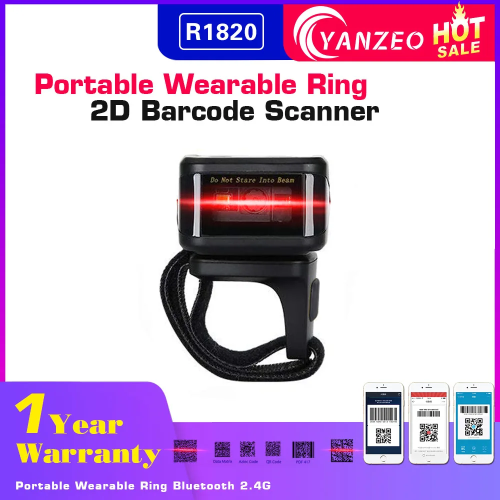 

Yanzeo R1820 Portable Wireless Mini Qr Code Wearable Ring Bluetooth 2.4G 2D Barcode Scanner Finger Ring Barcode Scanner
