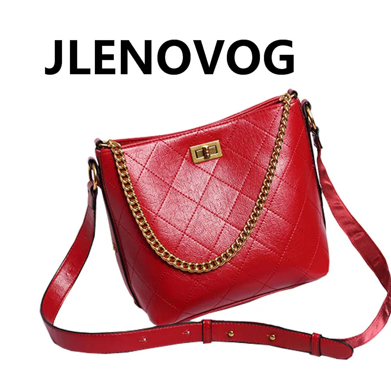 

One Shoulder Diagonal Portable Outdoor Travel Net Red Hippie Square Lock Diamond Bucket Retro Ladies Chain Bag