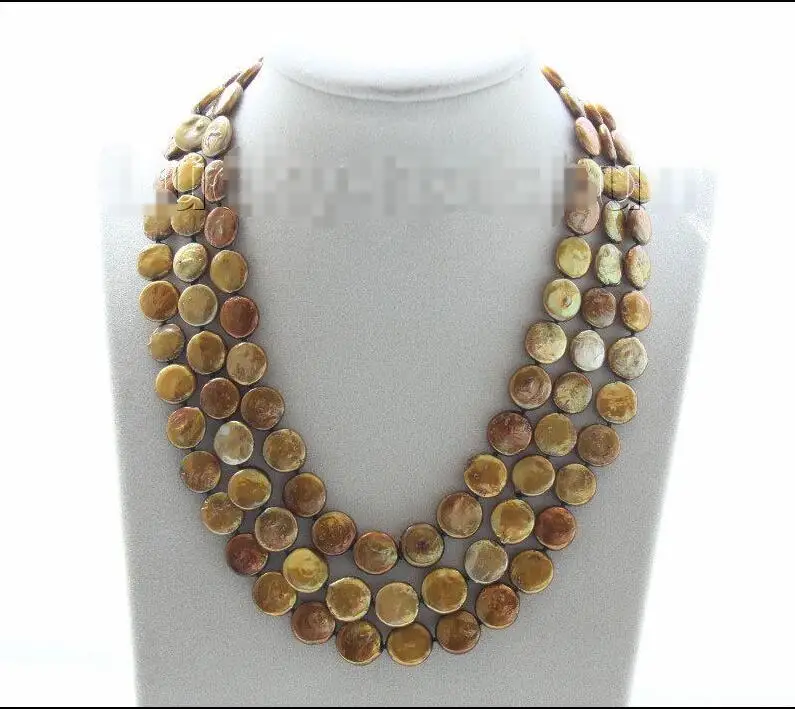 

Free shipping hot sale Women Bridal Wedding Jewelry >>adjustable 15.5"-17.5" 3row 12mm coin fastener coffee pearls necklace