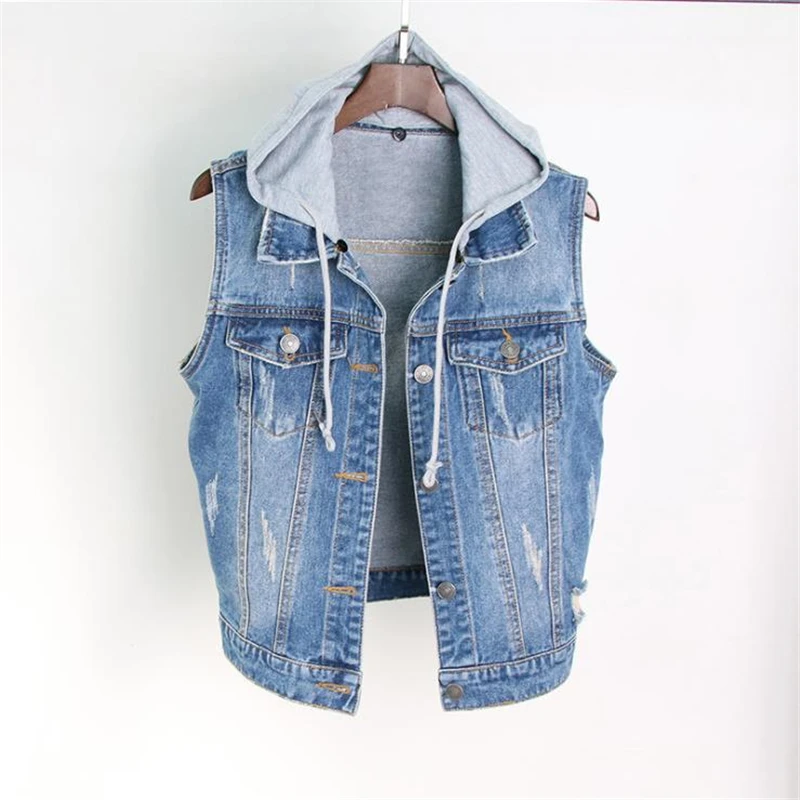 

Spring Plus Size Denim Vests Female Autumn Oversize Denim Vest Woman Hooded Denim Waistcoat Lady Vaquero Chaleco Cow-boy Gilet