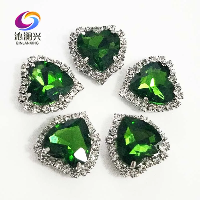 

Free shipping Silver bottom Grass green top grade Crystal glass buckle,heart shape sew on rhinestones Diy/jewelry accessories