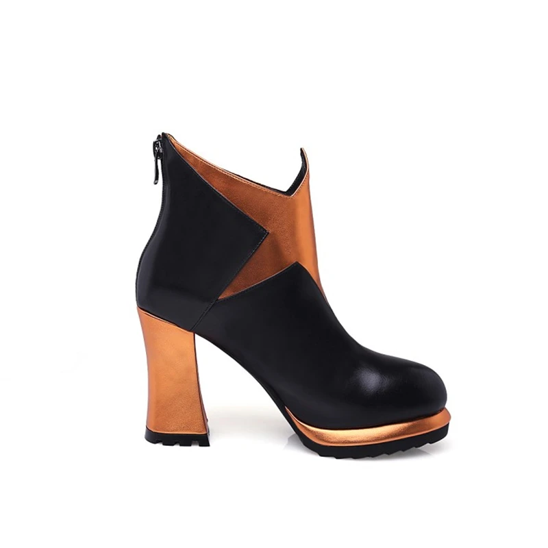 

Free Shipping Women Boots Genuine Leather Patchwork Ankle Boots Handmade High Heel Back Zipper Round Toe Boots