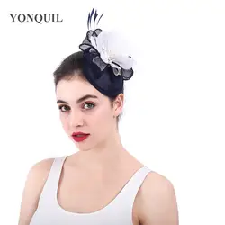 Темно sinamay База fascinators с имитацией цветок core Свадебные перо аксессуары для волос Коктейльные шапки высокое качество SYF359