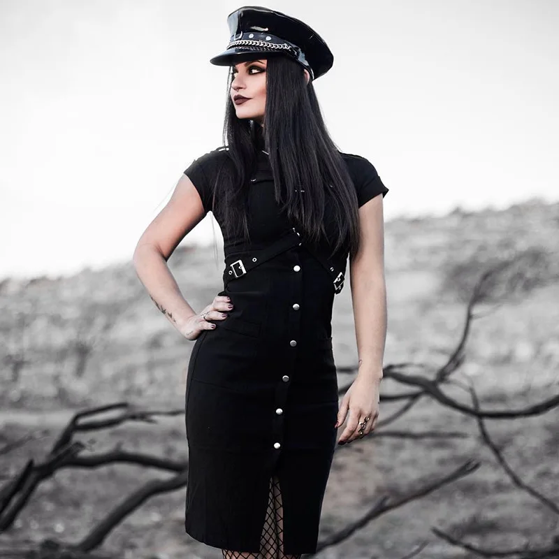 Женское готическое платье Rave Steampunk облегающее черное до колена с перекрестной