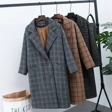 Новая зимняя Толстая шерстяная куртка женский корейский стиль свободная Имитация кашемира Верхняя одежда двубортное клетчатое шерстяное пальто J53