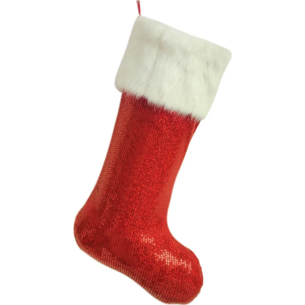 Free Shipping Big Christmas Stocking Sequin Sparkle Body Faux Fur Cuff