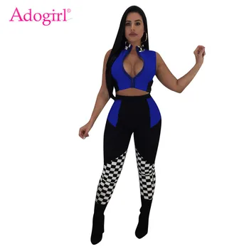 

Adogirl 2018 Trendy Plaid Patchwork 2 Piece Set Women Race Suit Stand Collar Sleeveless Zipper Crop Top Skinny Pants Tracksuits