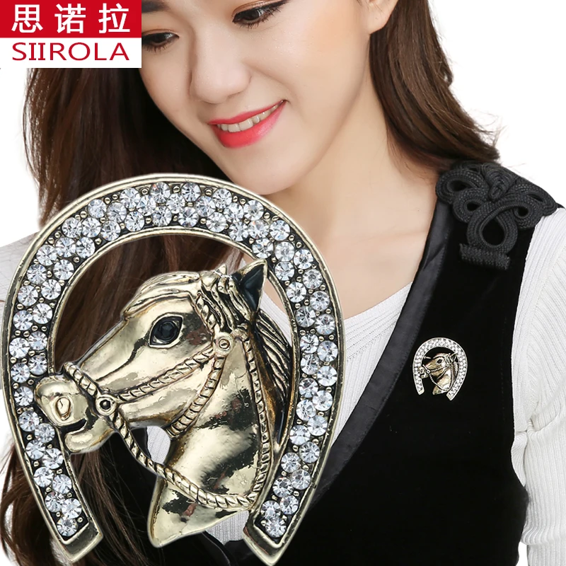 

SIIROLA Vintage Silver Gold-color Women Brooch Ornament Crystal Horse head H Carriage Horseshoe Clothing Lapel Scarf Hijab Pins