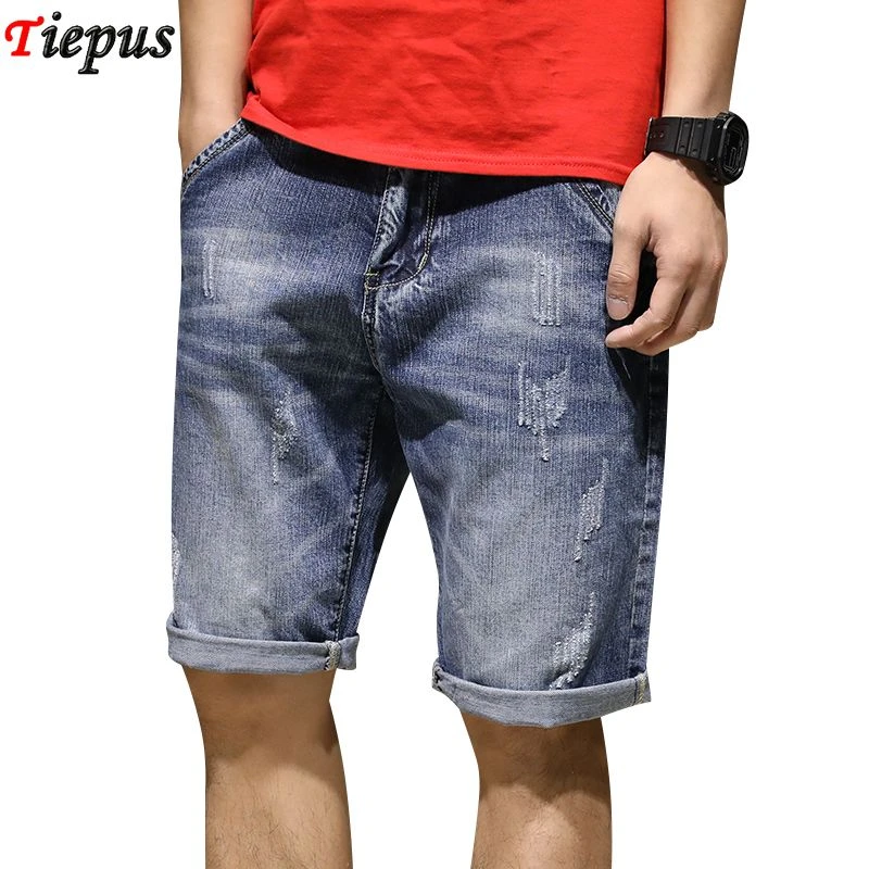 Pantalones cortos vaqueros hasta la para hombre, Bermudas de algodón 2022, color azul, informales, lisos, talla 40, moda de verano, 98%|Pantalones vaqueros| - AliExpress