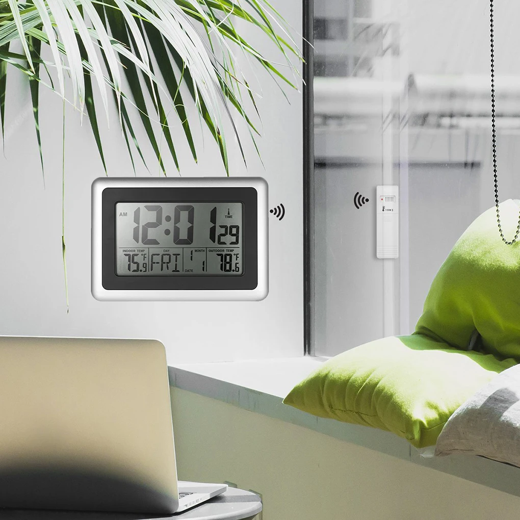 

Digital Radio Controlled Desk Clock Thermometer LCD Display Wireless Calendar Alarm Clock Indoor Outdoor Temperature Meter