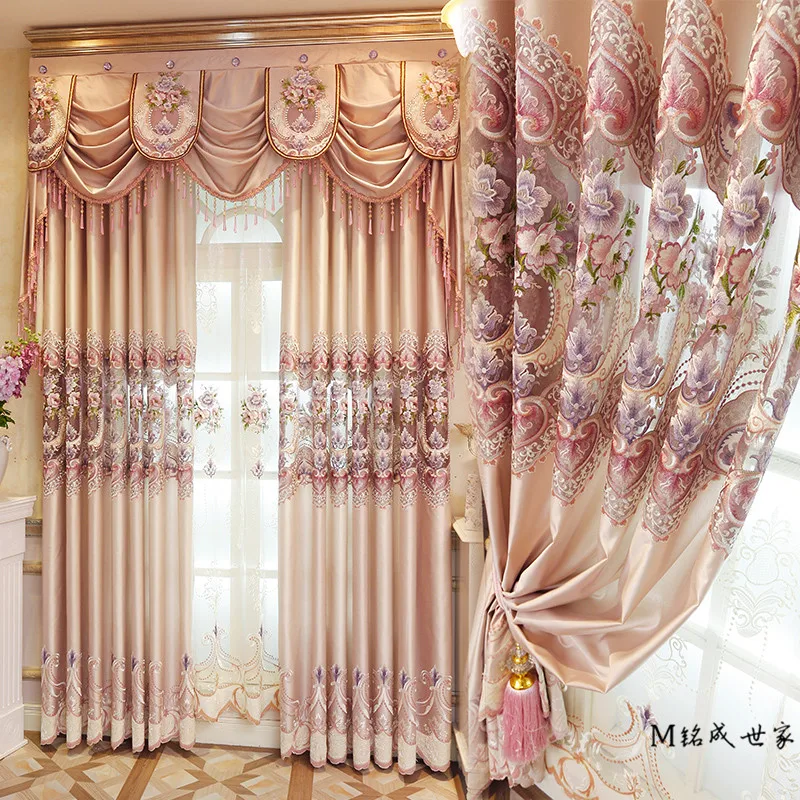 Luxury Modern European Pink Peony Embroidery Curtains For Living Room