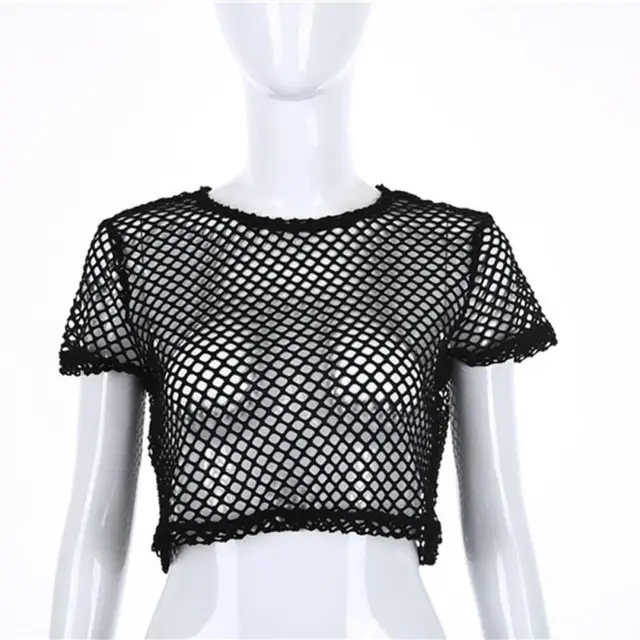 Women Sexy Tops Black Short Sleeve O Neck Loose Tanks Fish Net