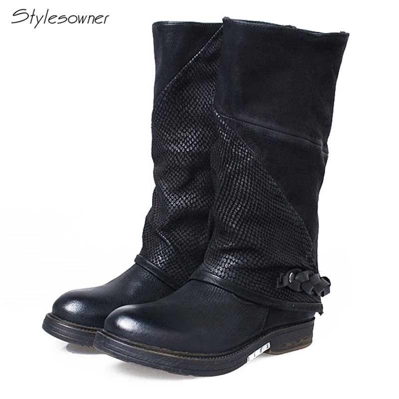 

Stylesowner New Arrival Knee High Flat Bottom Lace Up Boots England Style Round Toe Genuine Leather Knight Boots For Women