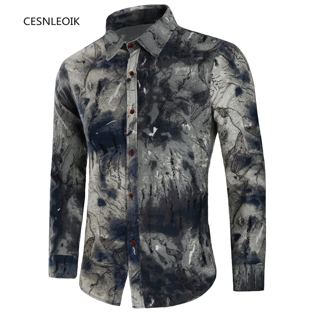 

autumn new fashion flower printed long sleeve shirts men camisa male slim flower shirts vintage Linen Casual Men Shirt C8820