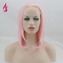 Synthetic Lace Front Wigs Pink Synthetic Straight Short Style Heat Resistant Silk Slight Natural Pink Color Wigs For Woman