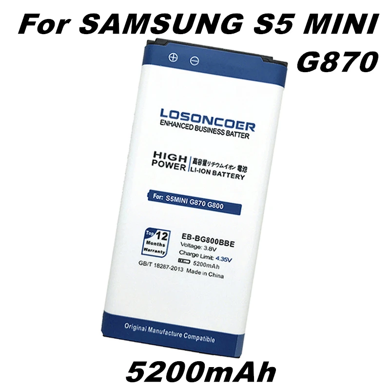 

LOSONCOER 5200mAh EB-BG800BBE for Original Samsung S5 Mini Battery Replacement G870 SM-G800F SM-G800H Phone Batteries