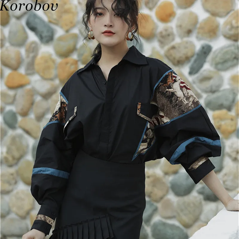 

Korobov Vintage Print Patchwork Blouse Loose Casual Batwing Sleeve Korean Blusas 2019 Spring Auttum Basic Shirts Feminina 76637