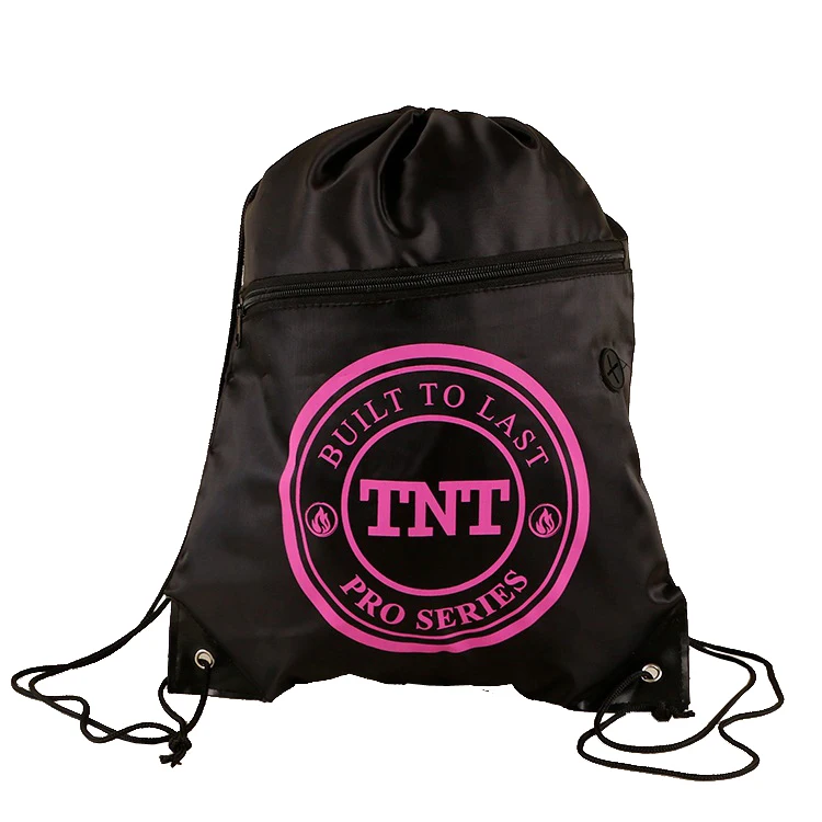 34 43cm 210D polyester drawstring bags with front zipper pocket
