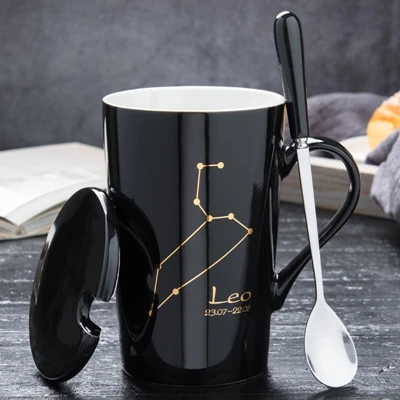 12 созвездий керамическая кружка для кофе с молоком 420 мл многоразовая офисная чашка с ложкой для чая черный фарфор посуда для бара подарок - Цвет: Leo