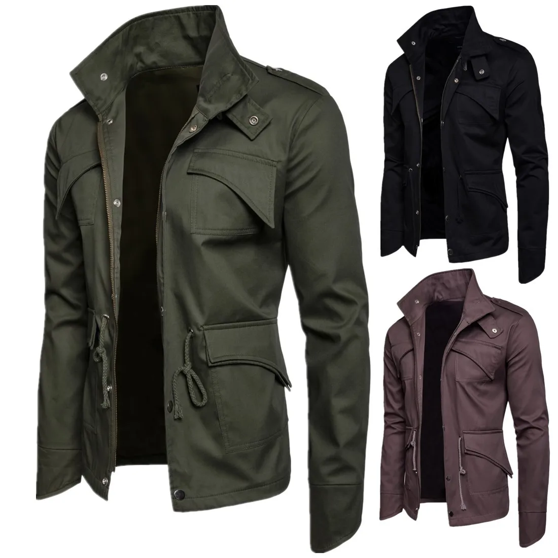 Military style Plus Size Men Army green Jacket Long Sleeve Stand Collar