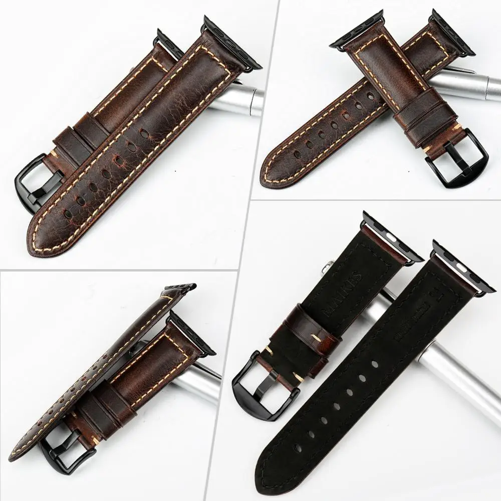 MAIKES Watch Accessories For Apple Watch Band 44mm 42mm Greasedleather Watchband for Apple Watch Strap 40mm 38mm iWatch Bracelet