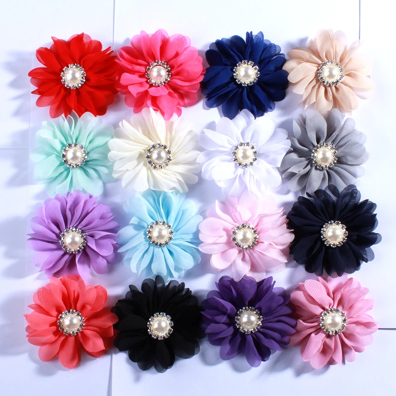120pcs 2/" Hair Accessories Fabric Chiffon Flower With Pearls For Headbands