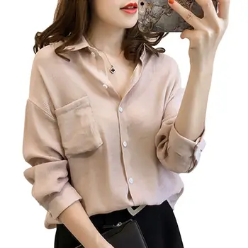 

Women Shirt Long Batwing Sleeve Button Down Pocket Solid Turn Down Collar Loose Blouse