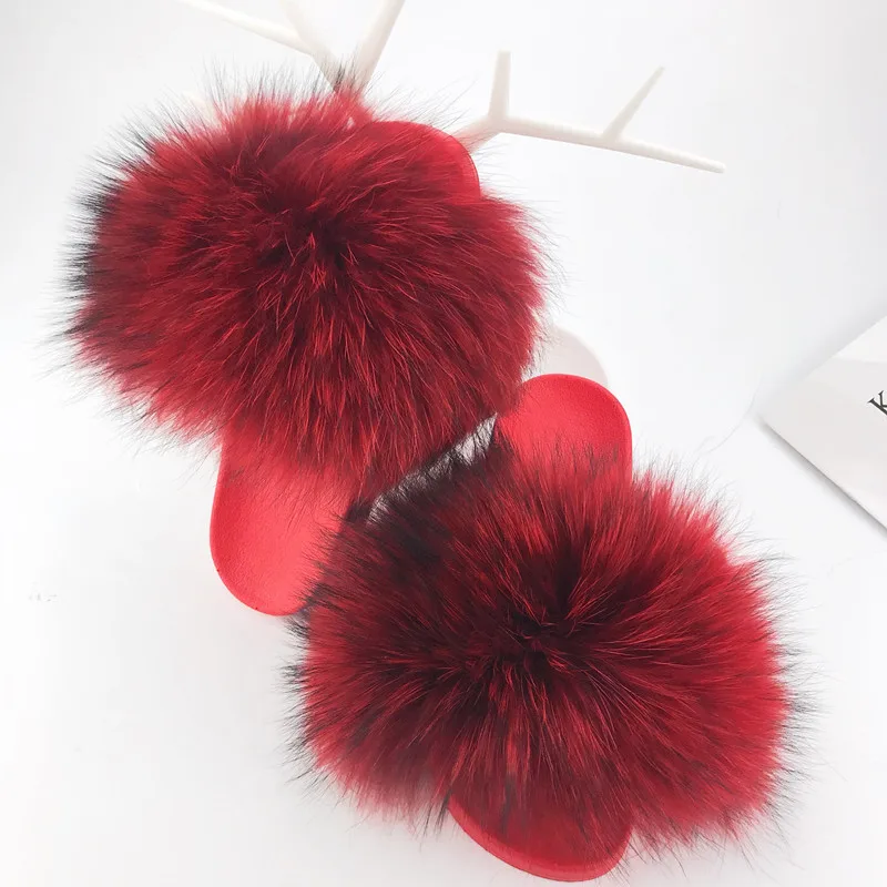 Real Red Raccoon Fur Slippers Women 2018 Slides Fox Hair Flat Fluffy Fashion Home Summer Big Size Natural Furry Flip Flops Shoes