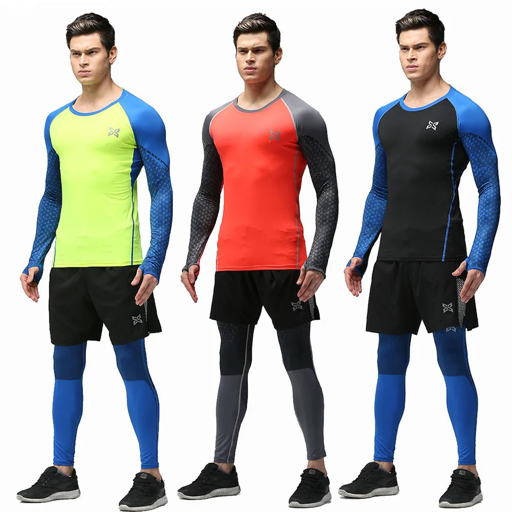ФОТО 2017 New 3 Pieces Mens Sports Suits Running Clothes Men Short Compression Tights Gym Fitness Shirts Cropped Pants Quick Dry Sets