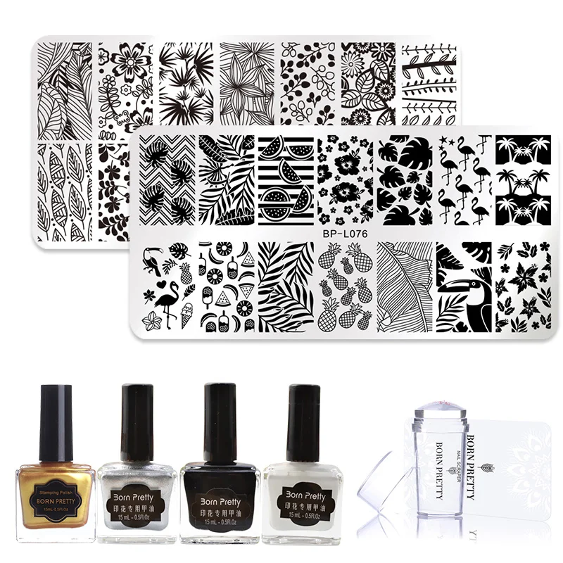 

BORN PRETTY 8Pcs Nail Art Set Spring Leaf Nail Stamping Plates Image Template Stamp Stamping Polish with Clear Stamper Scraper