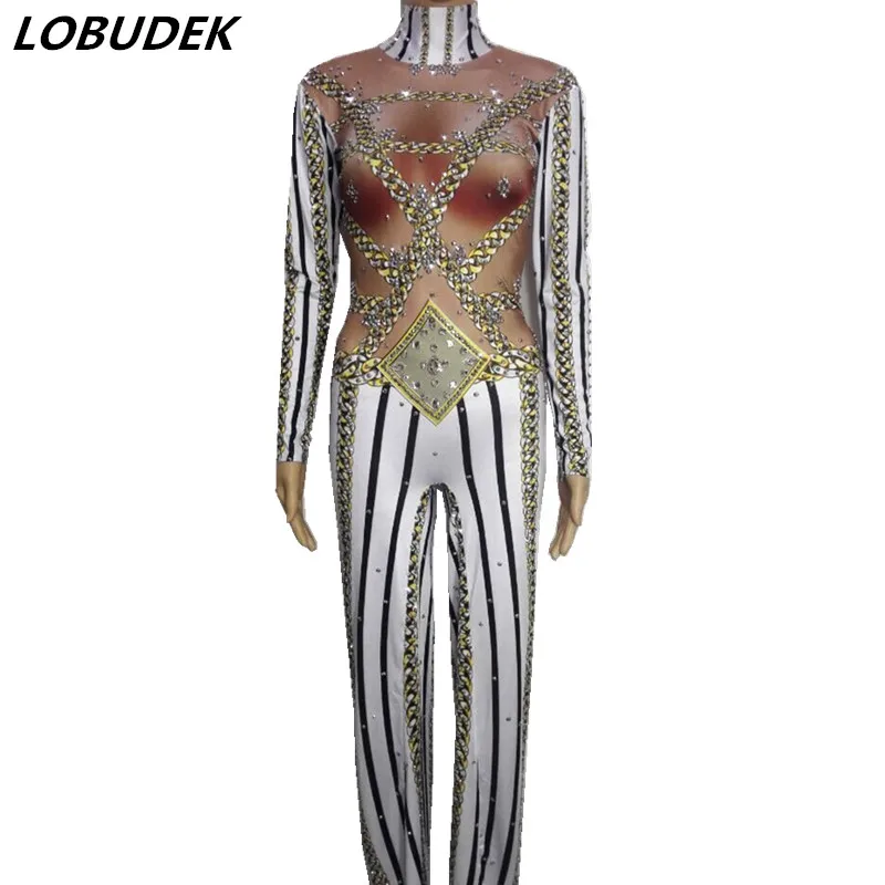 Striped Broad Leg Pants Crystals Jumpsuit Female Birthday Celebration