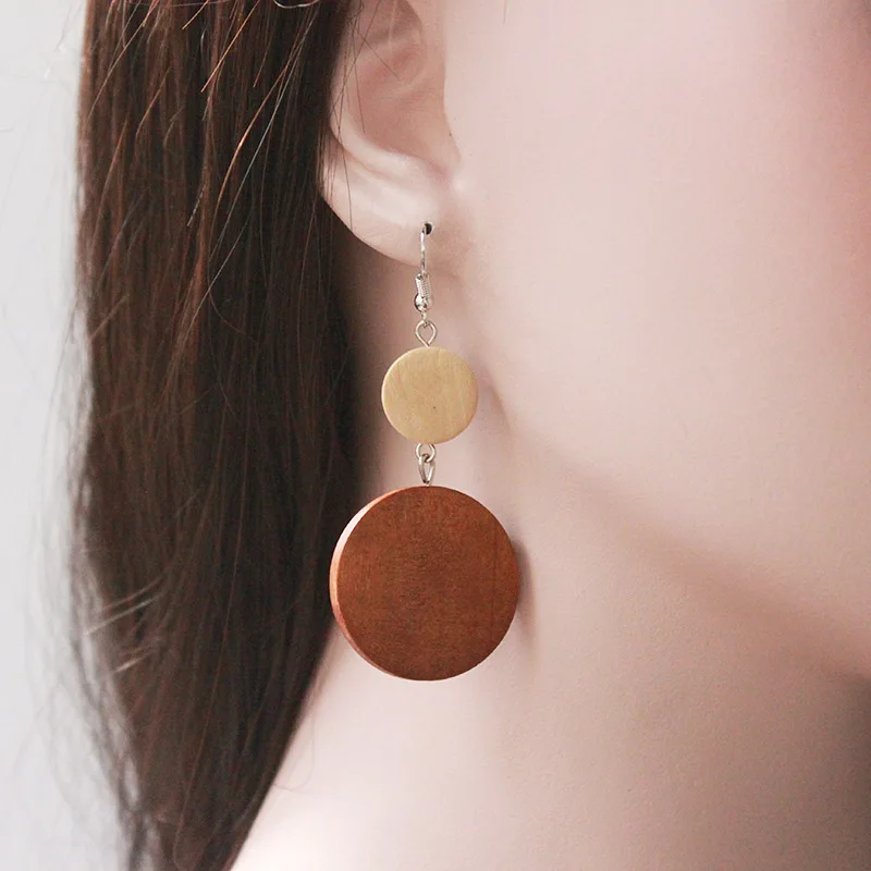 1 Pair Boho Style Contrast Colors Round Wood Dangle Earrings Handmade