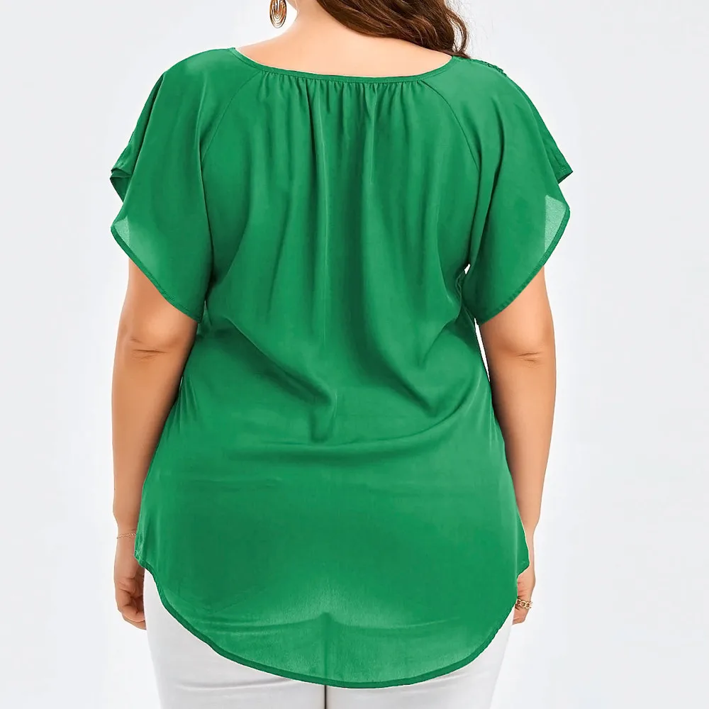 Feitong размера плюс, летняя мода, женская шифоновая кружевная Свободная рубашка с v-образным вырезом, топы, Повседневная Блузка с коротким рукавом, женская блуза
