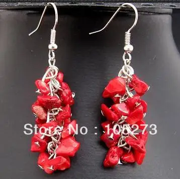 

New Arriver Natural Gem Stone Jewelry 4-10mm Red Color Nugget Shaper Natural Coral 925 Sterling Silver Dangle Earrings Free Ship