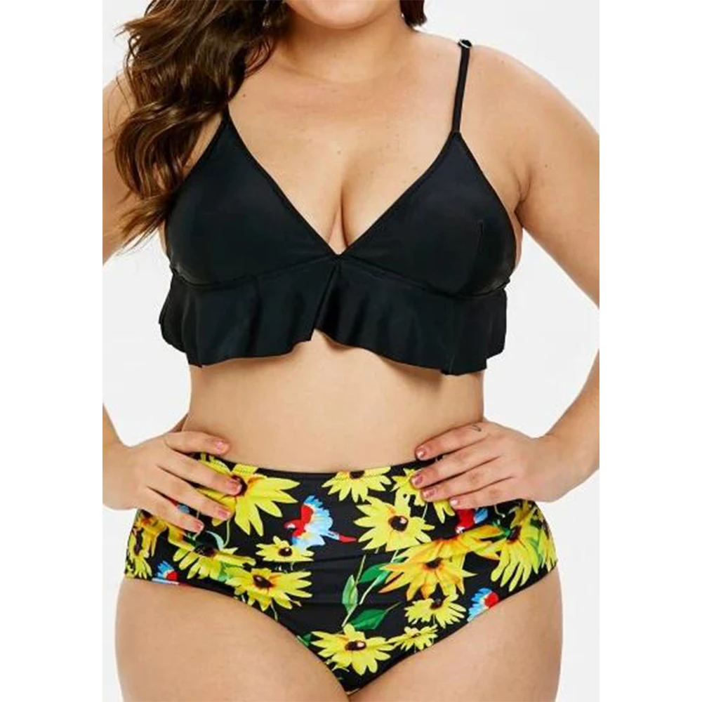 

Sexy Plus Size S-5XL Floral Print High Waist Swimsuit Flounce Ruffle Bikini Push Up Swimwear Maillot de Bain Femme