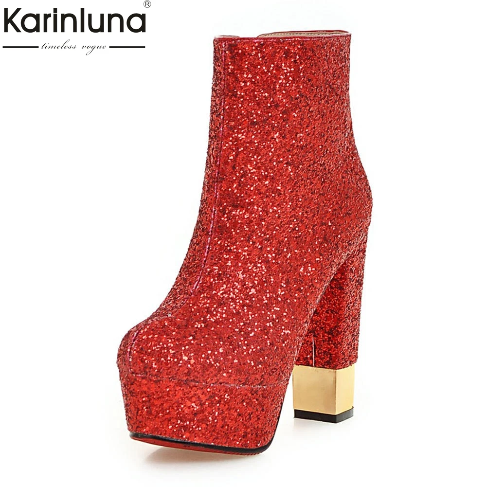 

KARINLUNA 2018 Large Size 32-43 Dropship Chunky Heels Bling Shoes Woman Boots Zip Up Platform Warm Winter Boots Shoes Woman