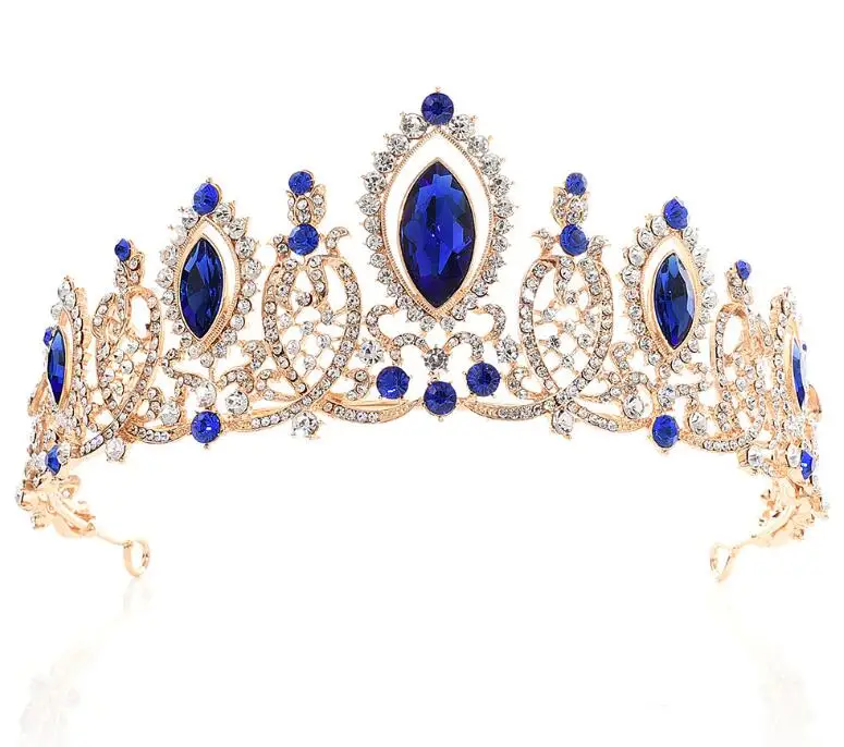 Роскошный Блестящий Кристалл корона принцессы ободок большие стразы Корона свадебная тиара для женщин Свадебные украшения для волос - Окраска металла: blue