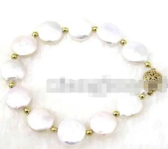 

Free Shipping >>>>>SALE Big 10-11MM White Coin Round Natural Freshwater Pearl 7.5" Bracelet -b137
